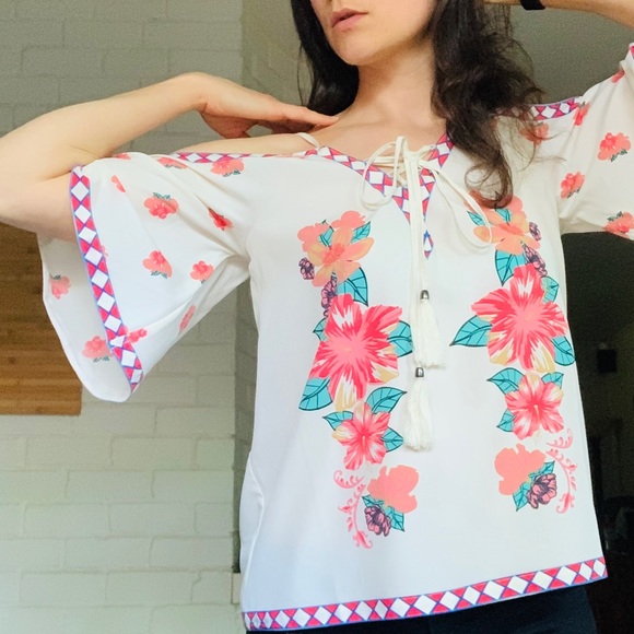 Boho Cold Shoulder Corset Tie Crop Floral Top Med - Picture 5 of 9